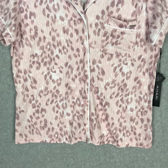 Tahari Shirt Womens Large Pink Leopard Ribbed Button Sleep Pajama PJs Soft Cozy - Picture 3 of 9